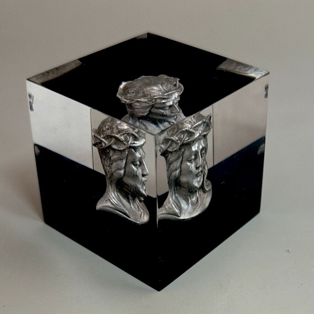 Vintage Jesus Christ Lucite Cube Metal Bust Catholic Christian Religious Decor